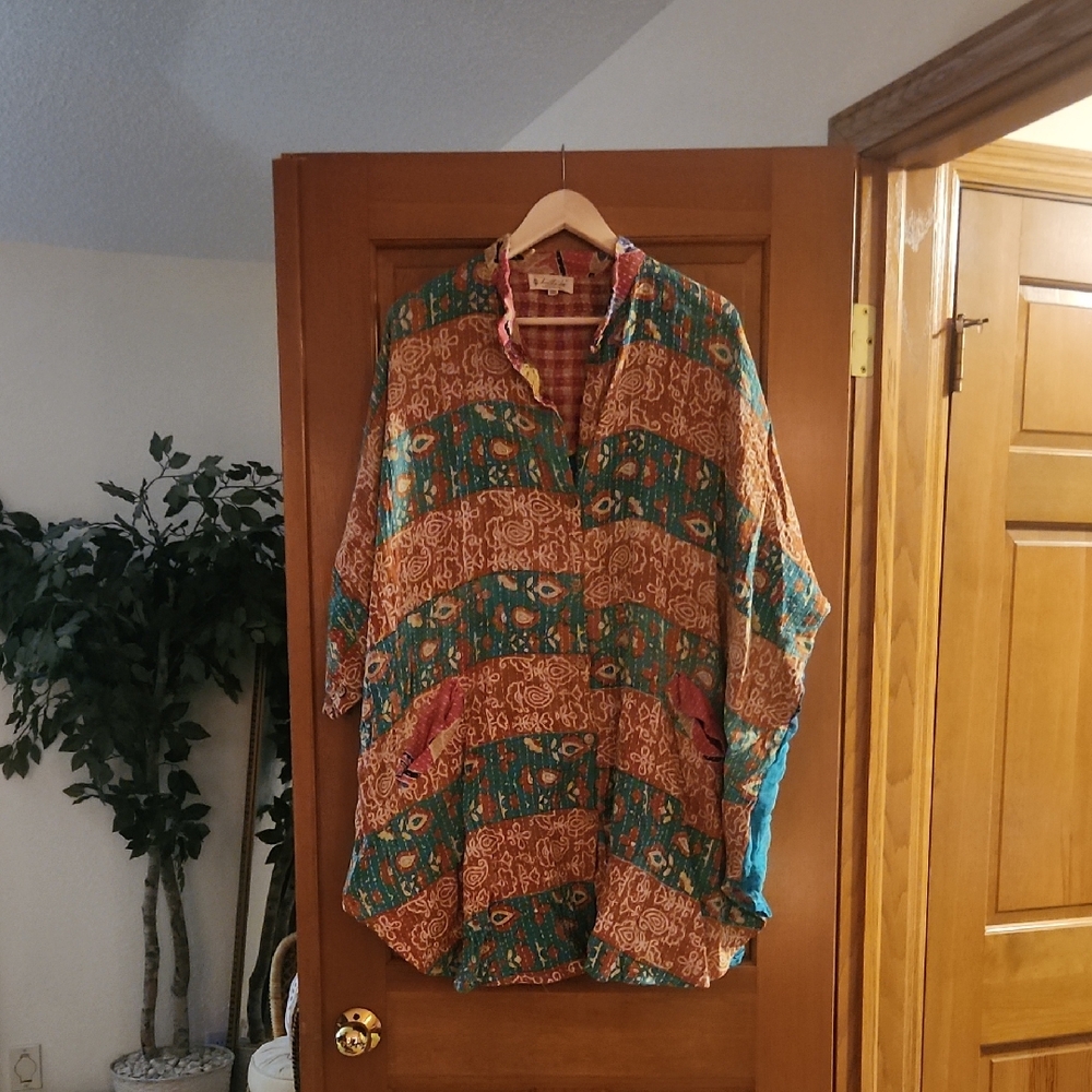 Women’s Bohemian Button-Down Shirt in Teal and Rust